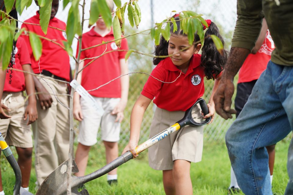 Image cover of a red bay primary school student digging a hole for a plant as part of the educational activities as part of the national tree planting iniative led by the cayman islands government.
